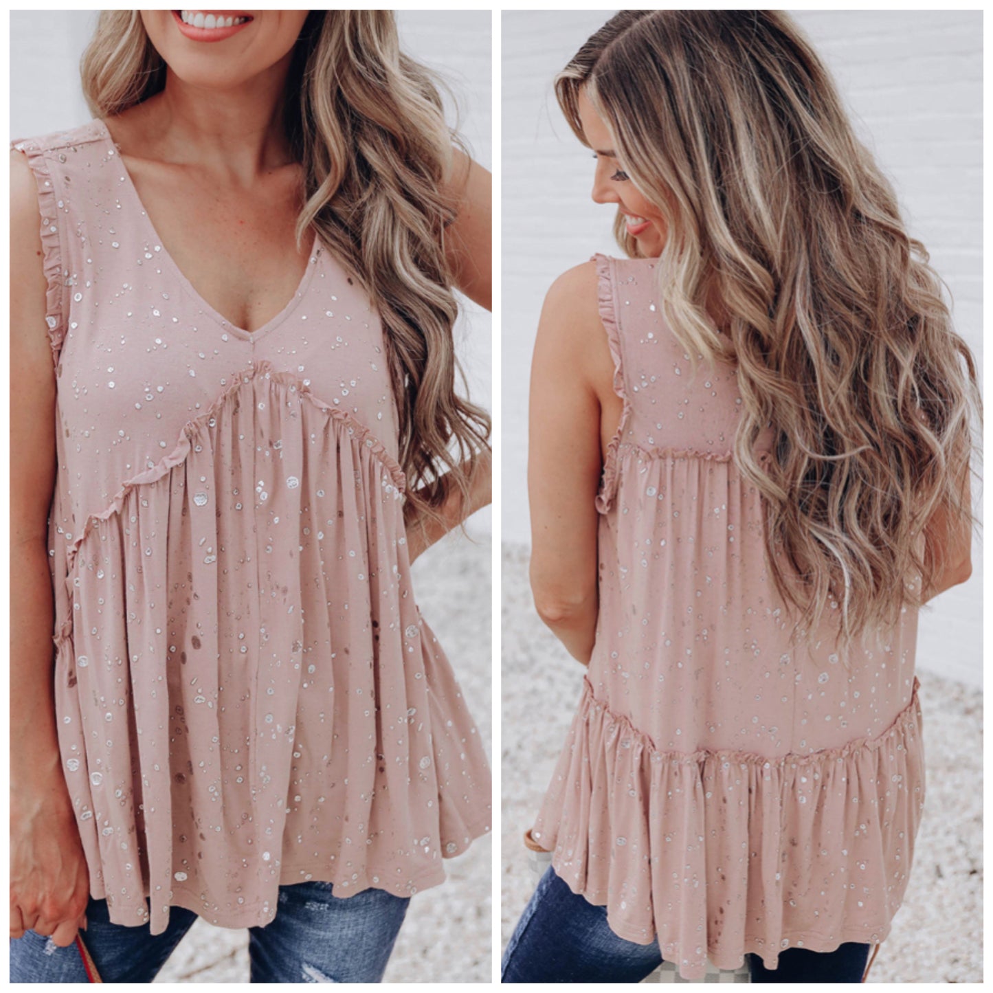 Marcie Jo Clark Houghton — Large, foil speckled top with ruffles
