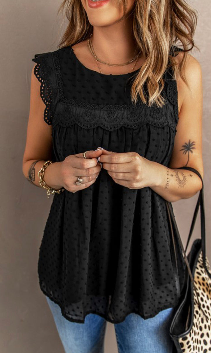 Sarah Gabbard — Large, black, crochet sleeveless polka dot blouse