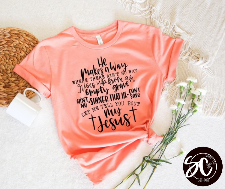 Candi Taylor-Hill — Let me tell you bout my Jesus: Small, sunset, crewneck tee