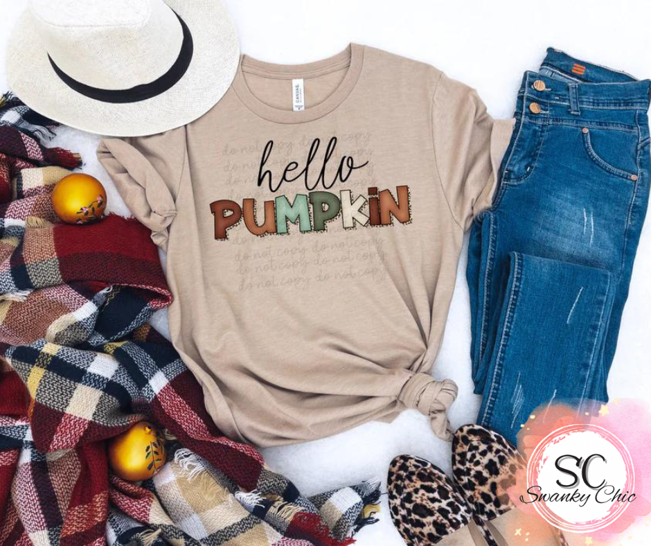 Brenda McCoy Hoodlebrink — hello PUMPKIN: X-Large, Heather tan, crewneck tee
