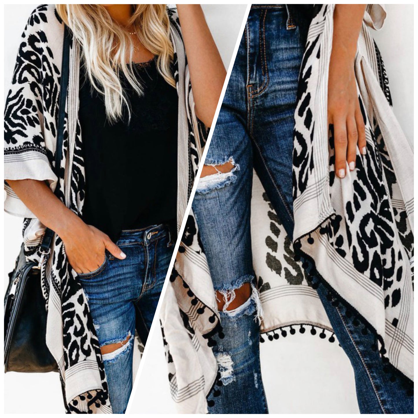 Ashley Meadows — OS black/white kimono with PomPom detailing