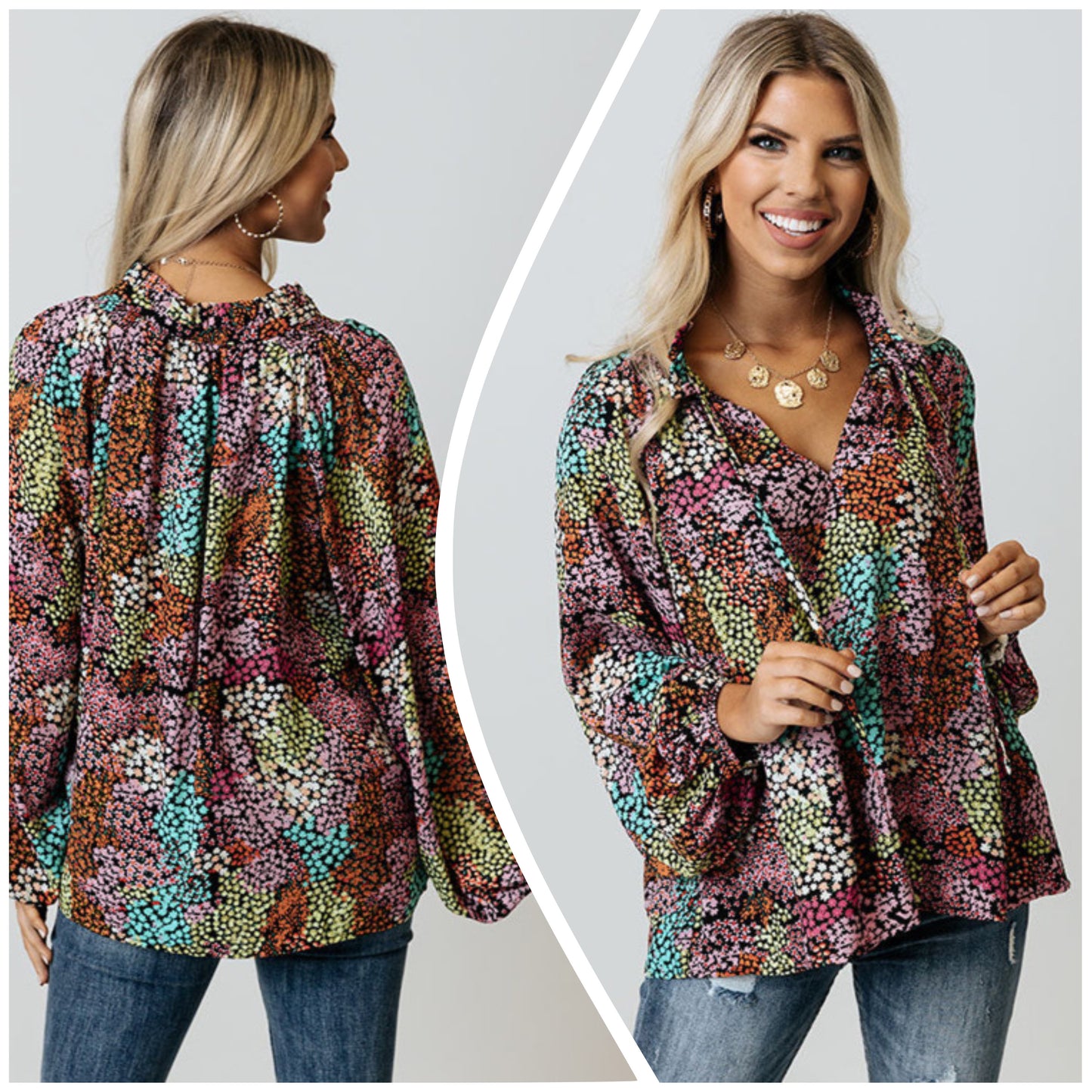 Penny Rines — Medium, black multicolored floral blouse