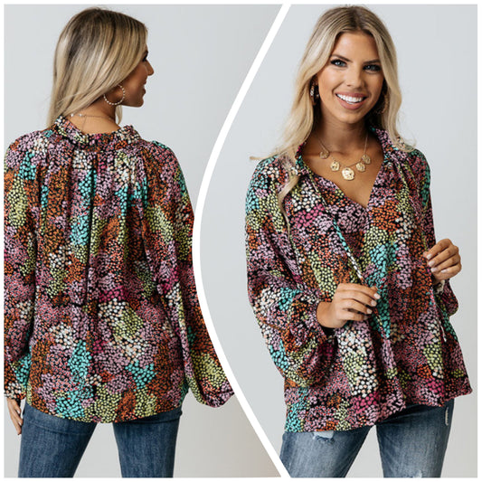 Penny Rines — Medium, black multicolored floral blouse