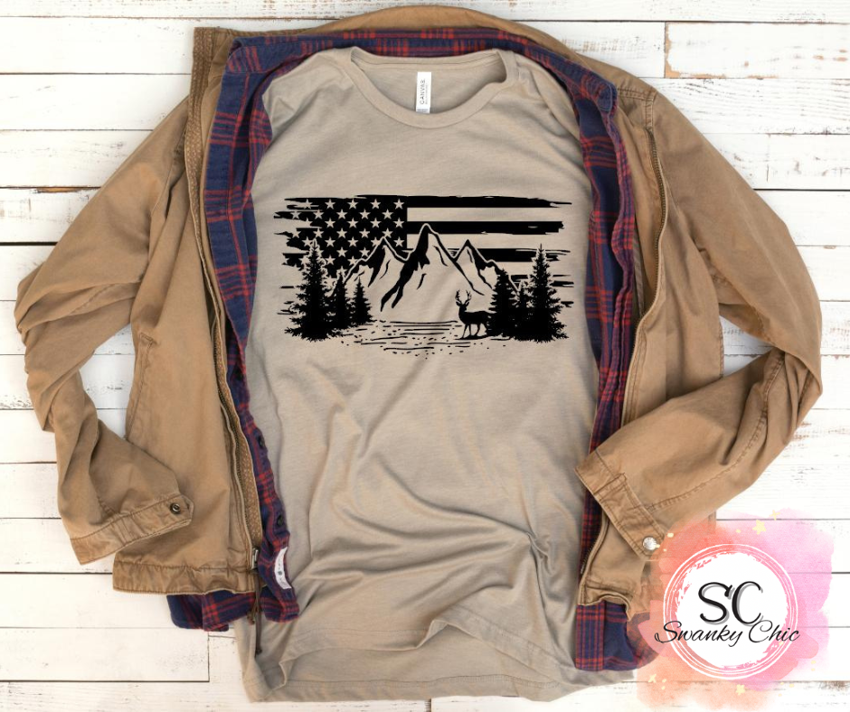 Emily Rice — Flag scenery deer: Large, Heather cardinal, long sleeve tee