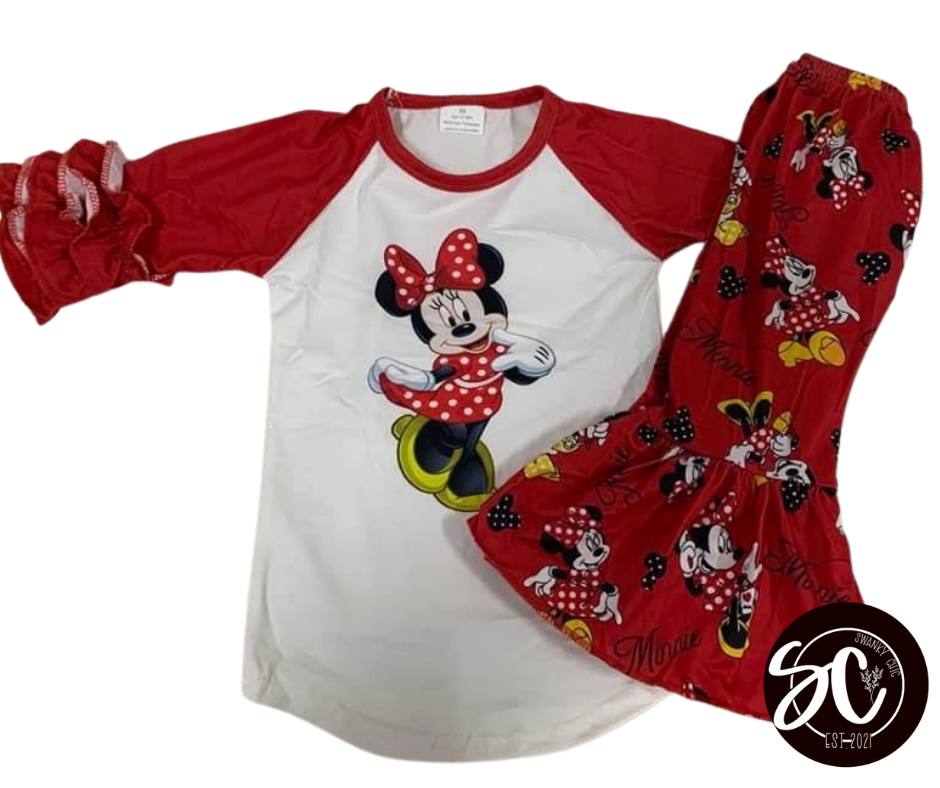 Olivia Parker — 2T, Minnie Mouse, red ruffle raglan outfit
