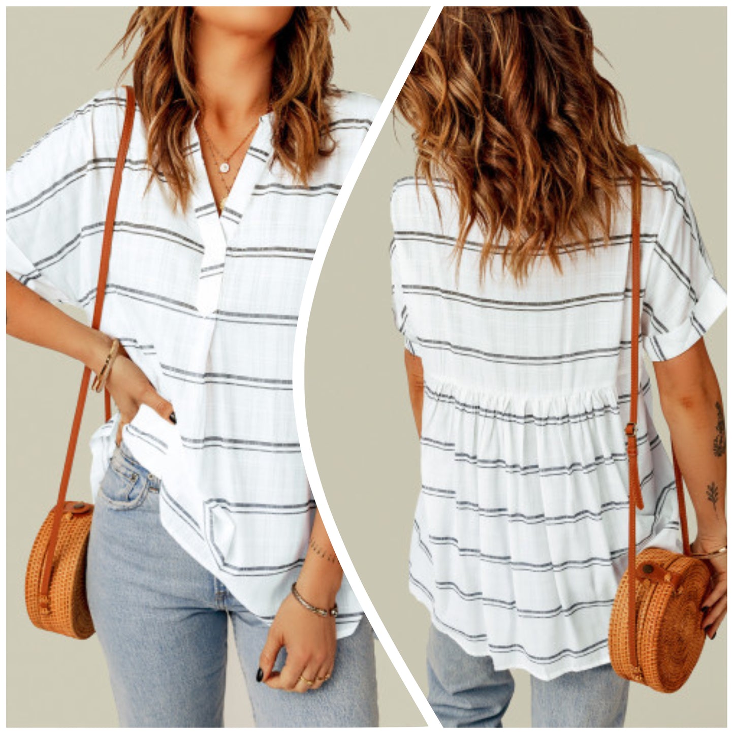 Allyson Michelle — XL, white striped v-neck blouse