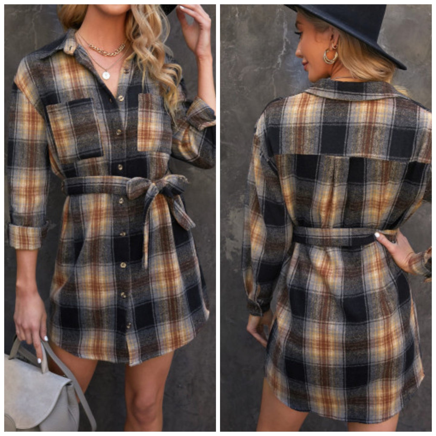 Julia Piercey Hanson — Medium, plaid belted mini dress