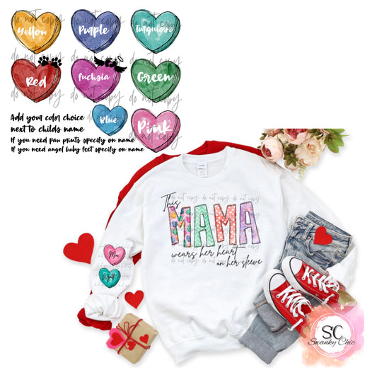 Sarah Cotter — This MAMA wears her heart on her sleeve: XL, white, crewneck sweatshirt (Blue heart- Isaiah) (green heart- Gatlin)