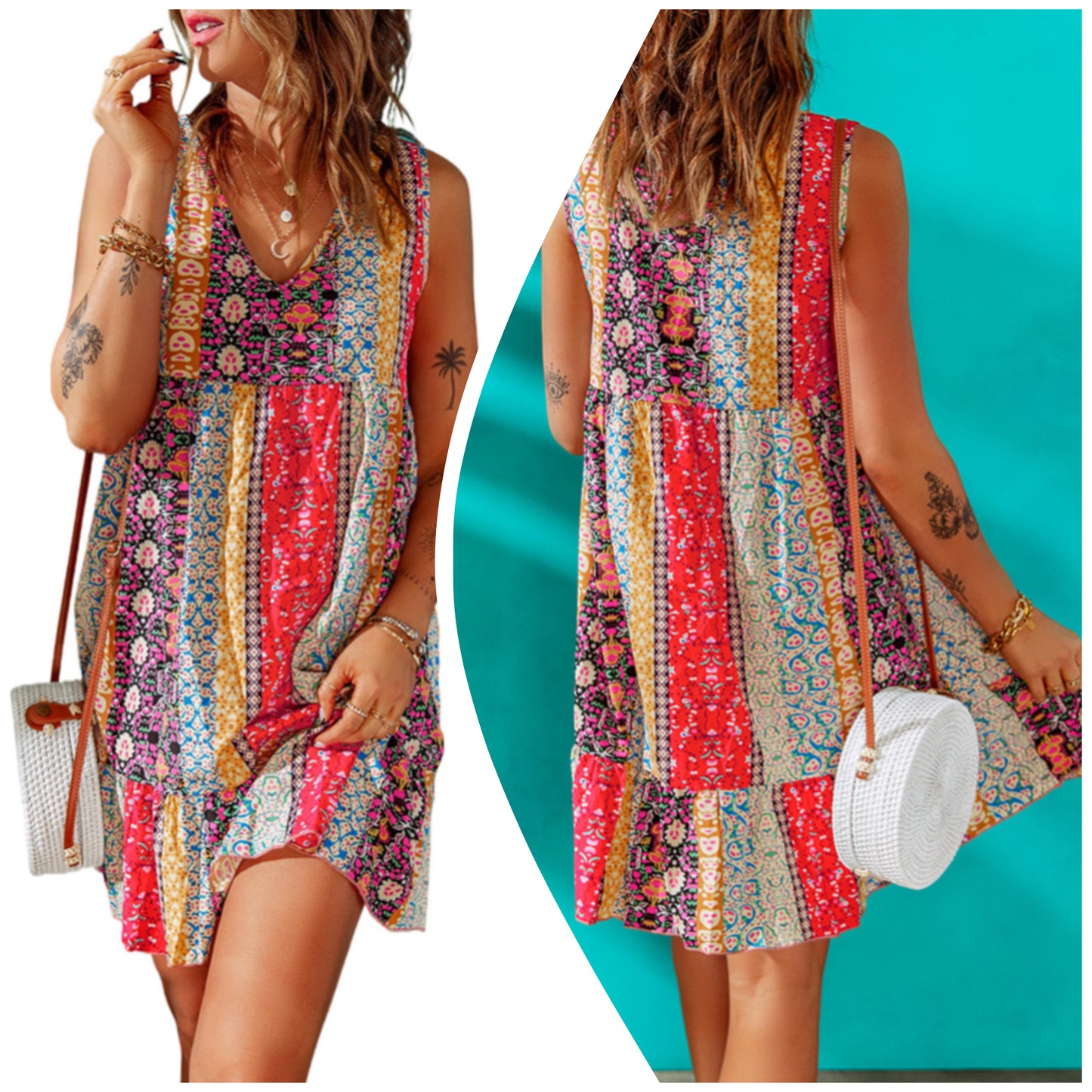 Lora Littrell — Medium, multi colored spliced sleeveless dress