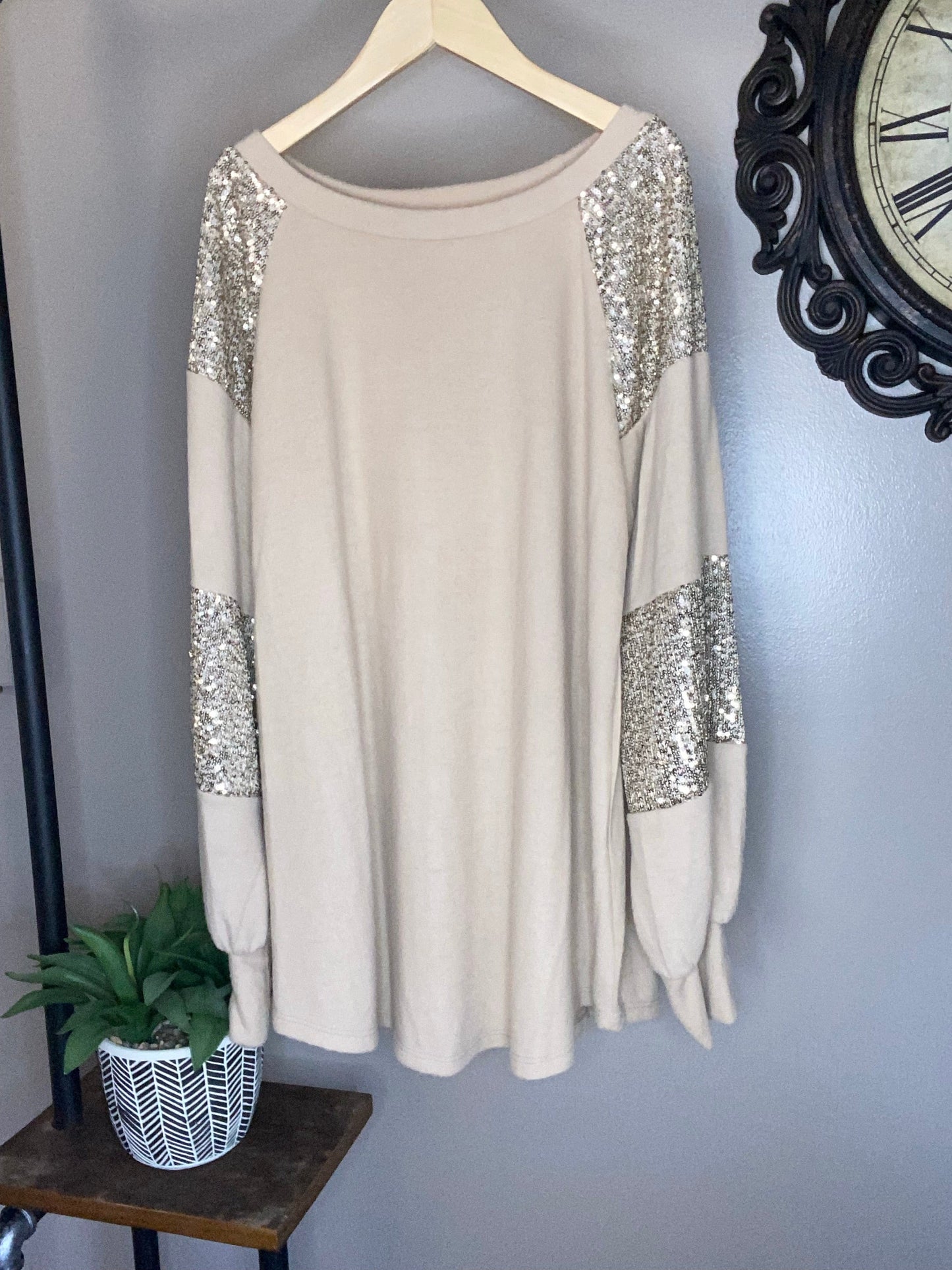 Melissa Rich — 1X, oatmeal/sequin top