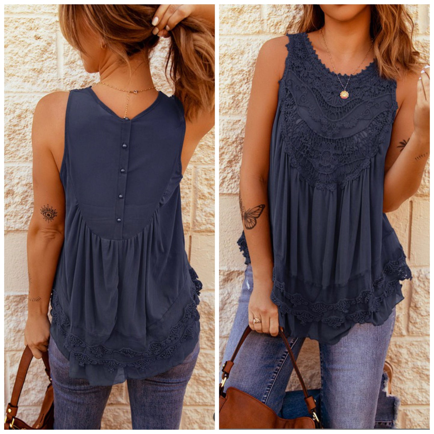 Angi— XL, Black, sleeveless crocheted babydoll top