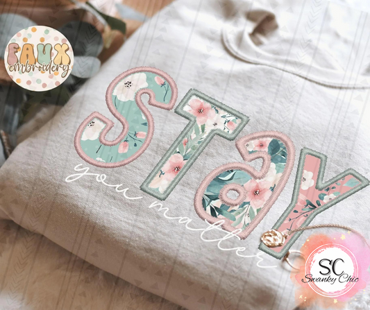 Shannen Carter — STAY (faux embroidery): XL, Heather oatmeal, crewneck tee