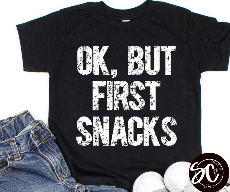 Erika Cappa — Ok, but first snacks: 5T, black, crewneck tee