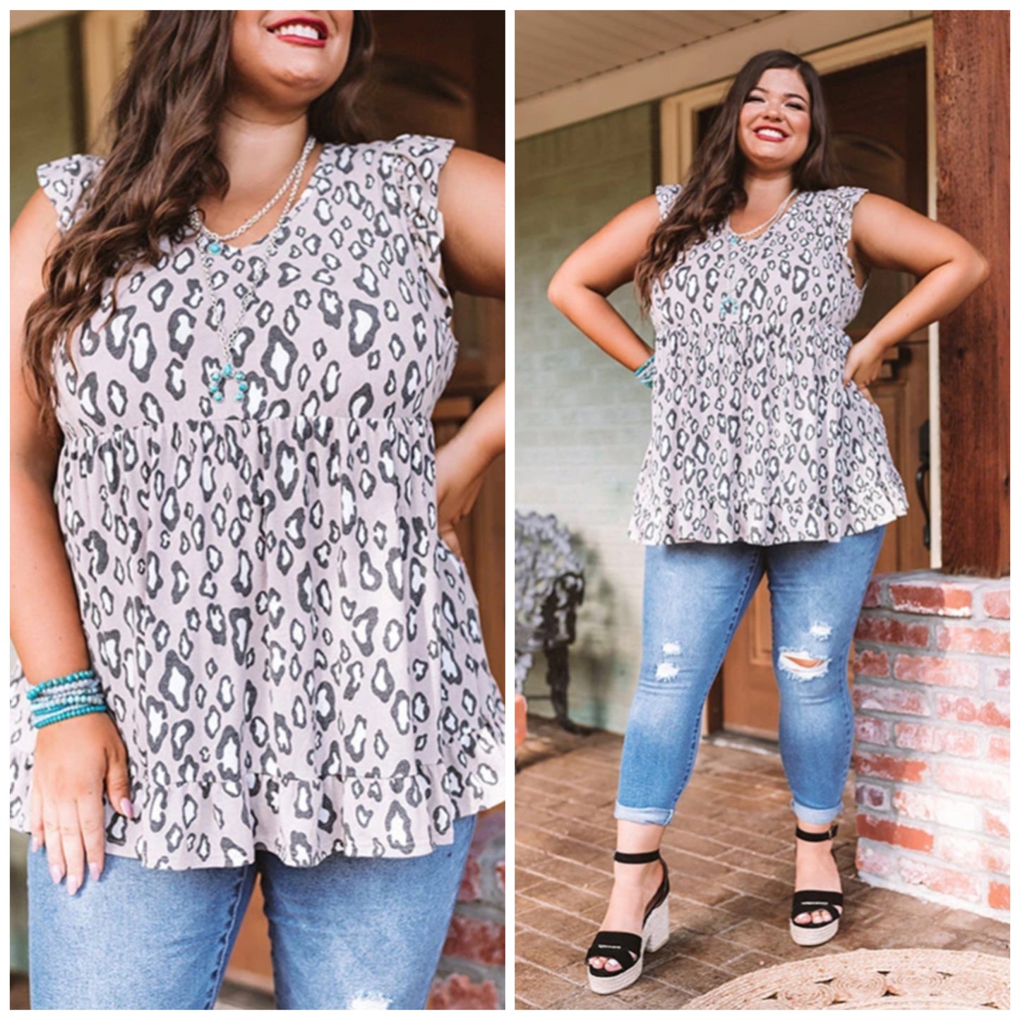 Emily Debney — 1X, grey leopard, babydoll ruffle tank