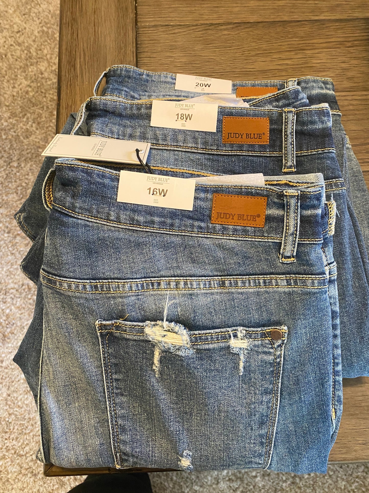 Heather Marie — 18W Judy Blue med-rise, medium wash, destroyed boyfriend jeans