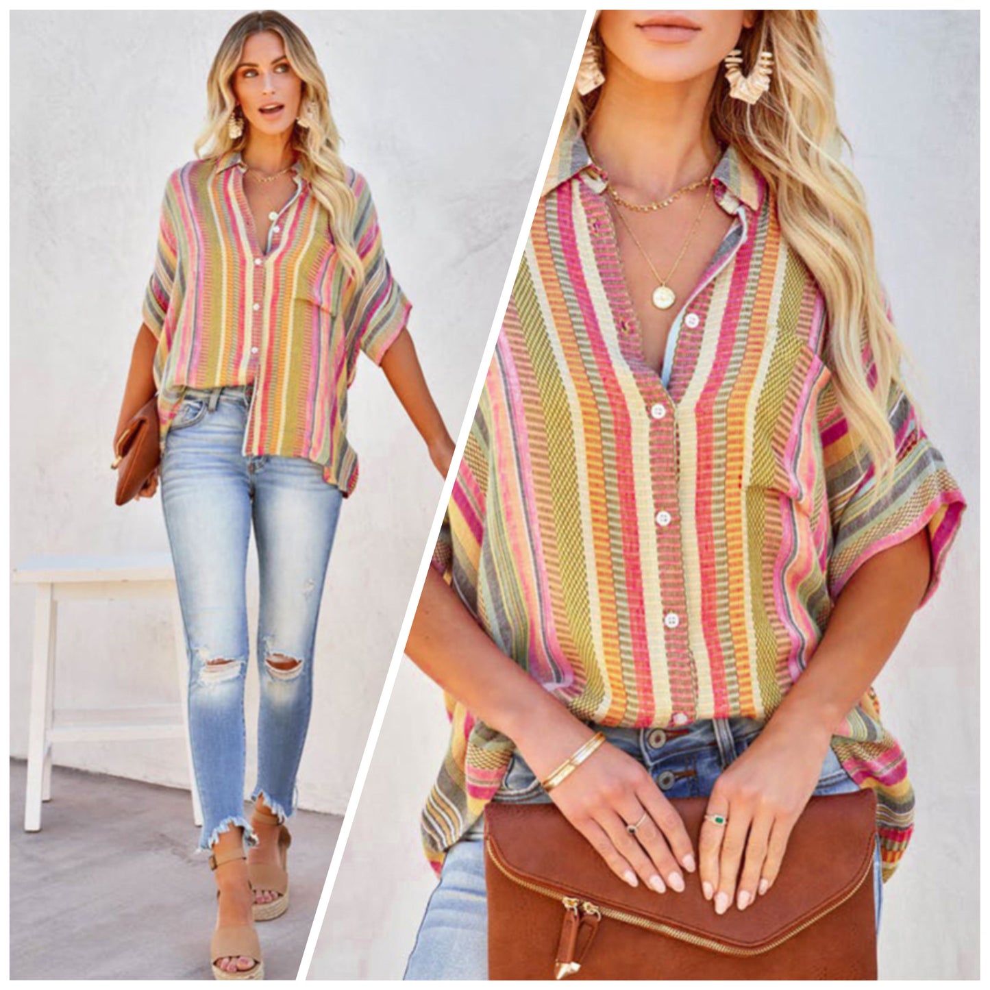 Paula Pike — XL, Button up striped boho top