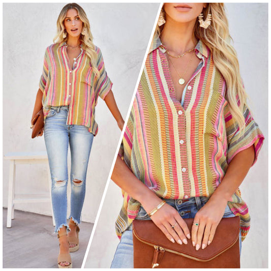 Paula Pike — XL, Button up striped boho top