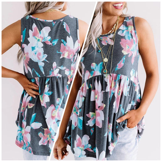 Angi Symons — Large, grey floral, sleeveless babydoll