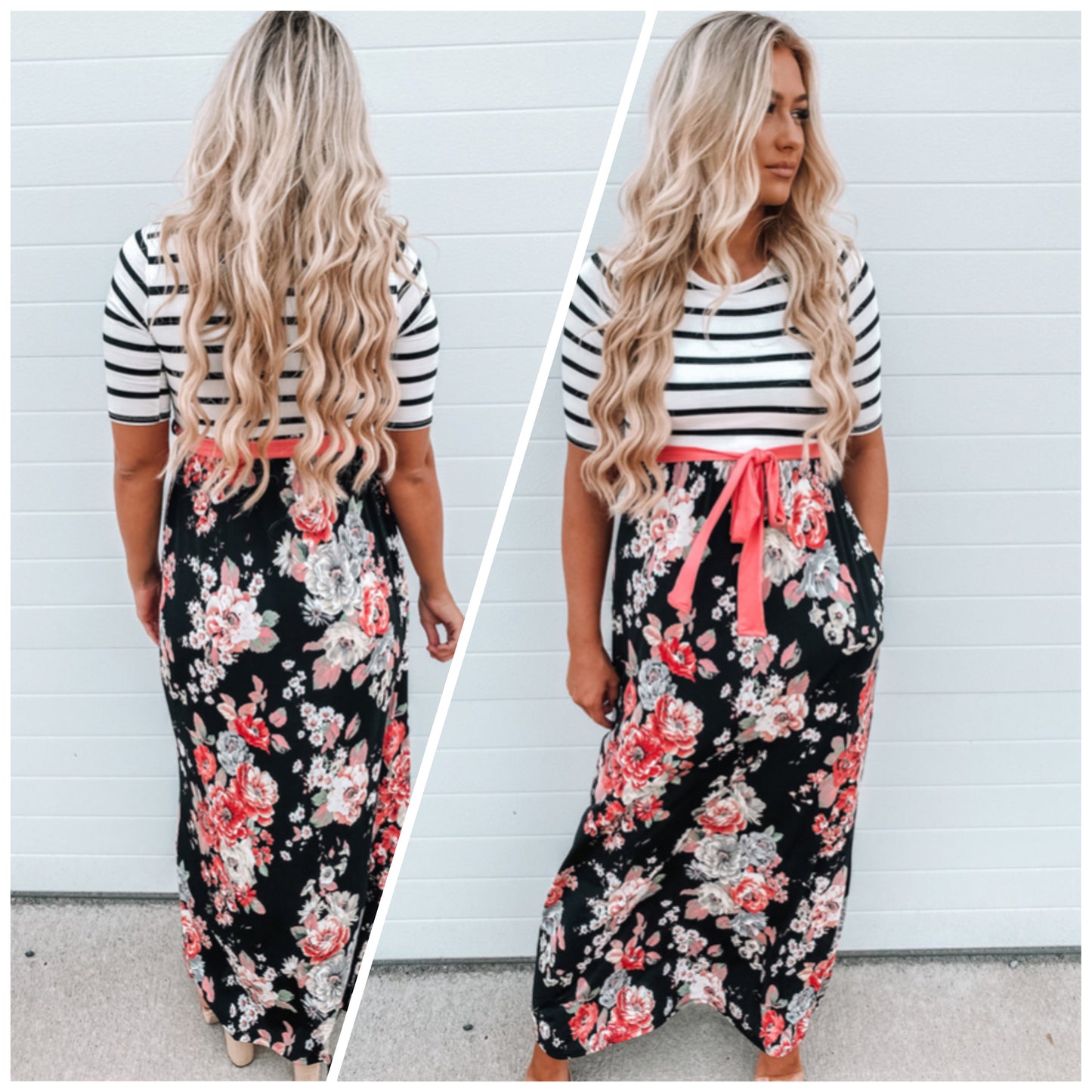 Angi Symons — Large, floral striped, high waisted maxi dress