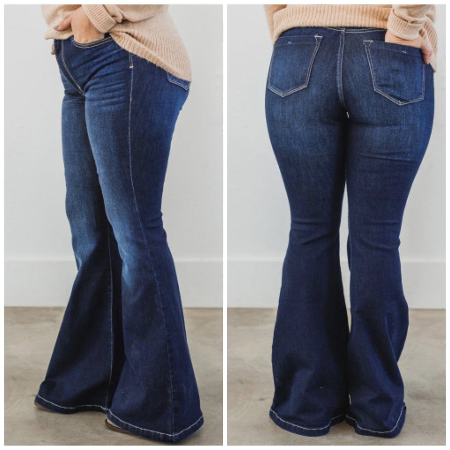 Debra Spalding — 1X, dark wash, mid-rise bells