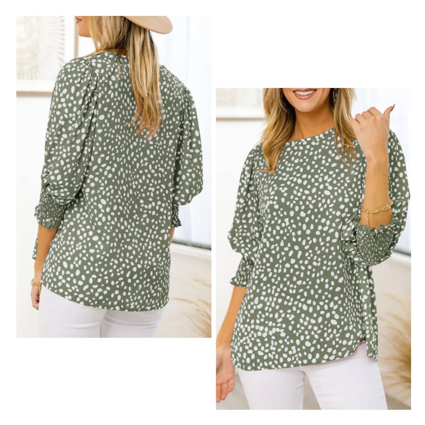 Kari Roush — Large, green Dalmatian print blouse
