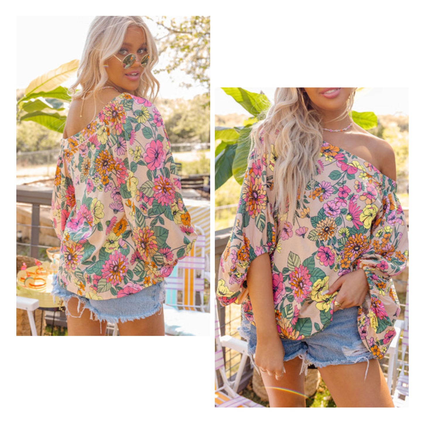 Jennifer Hoppe — Large, floral BOHO off the shoulder blouse