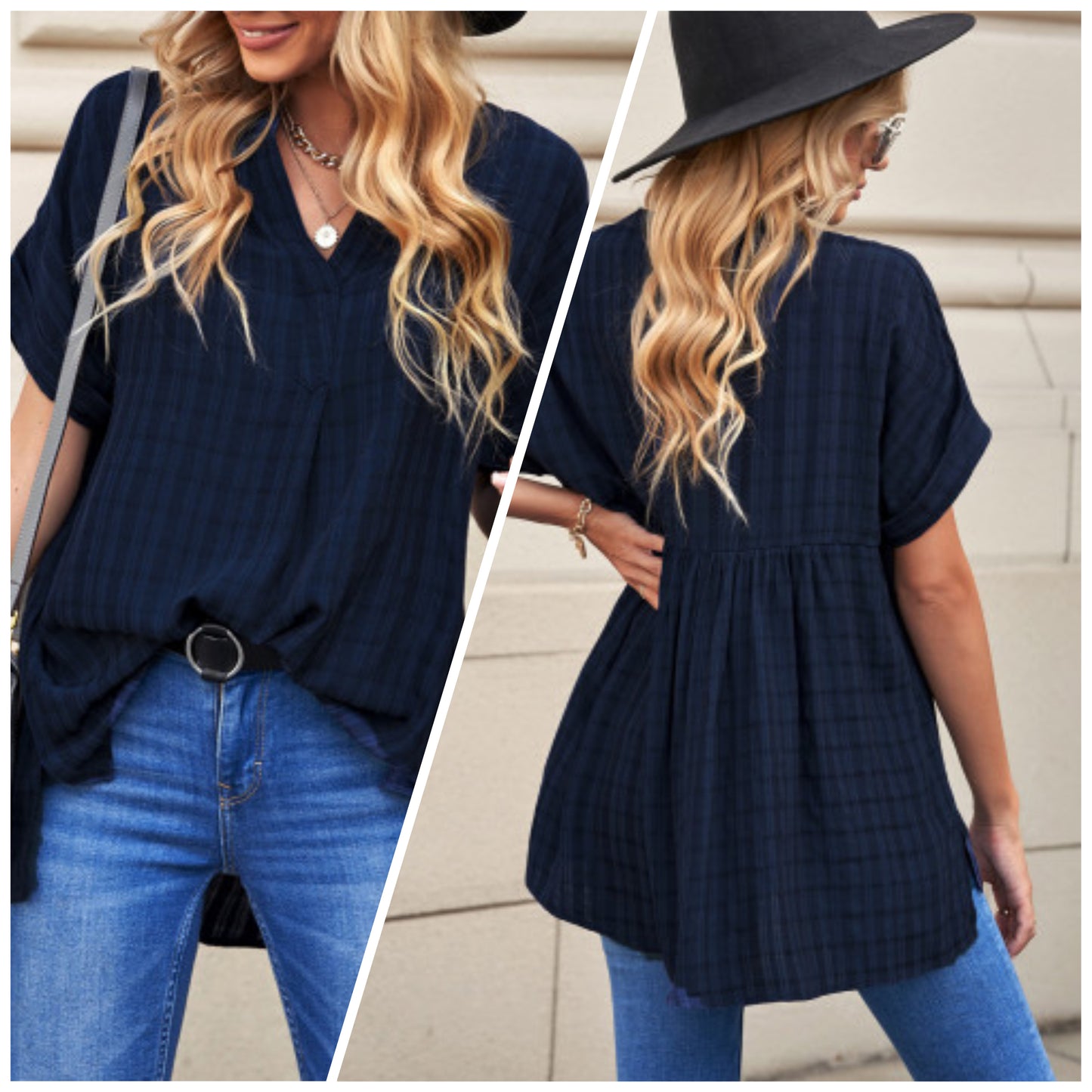 Allyson Michelle — XL, blue plaid v-neck blouse
