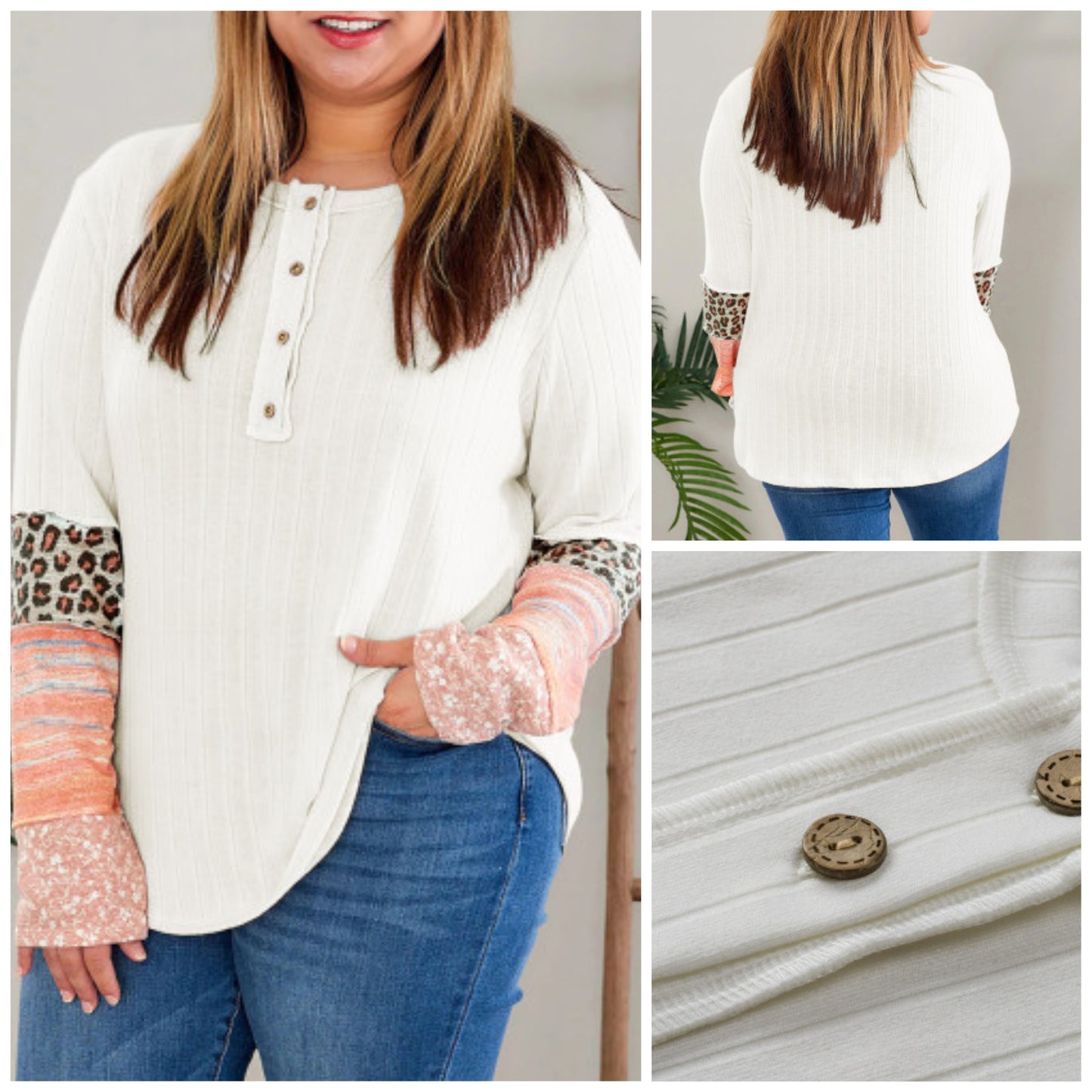 Melinda Pennington — 3X, ribbed Henley with patchwork sleeves