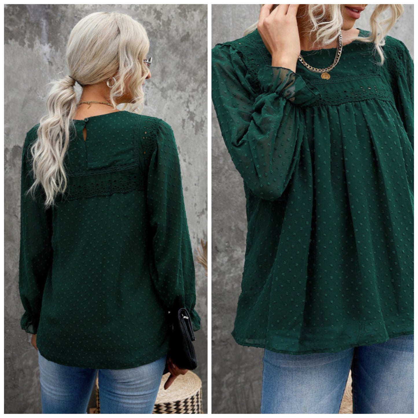 Julia Piercey Hanson — Medium, evergreen Swiss dot blouse