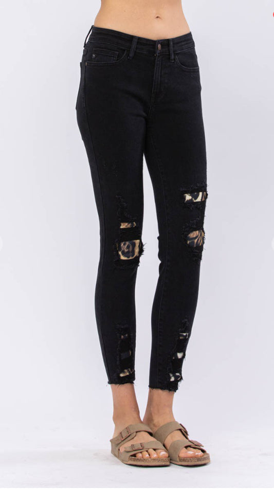 Angi Symons — size 13, Black leopard patch, skinny Judy Blues