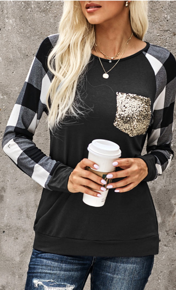 Lori Ann— Small, black plaid, long sleeve with sequin pocket