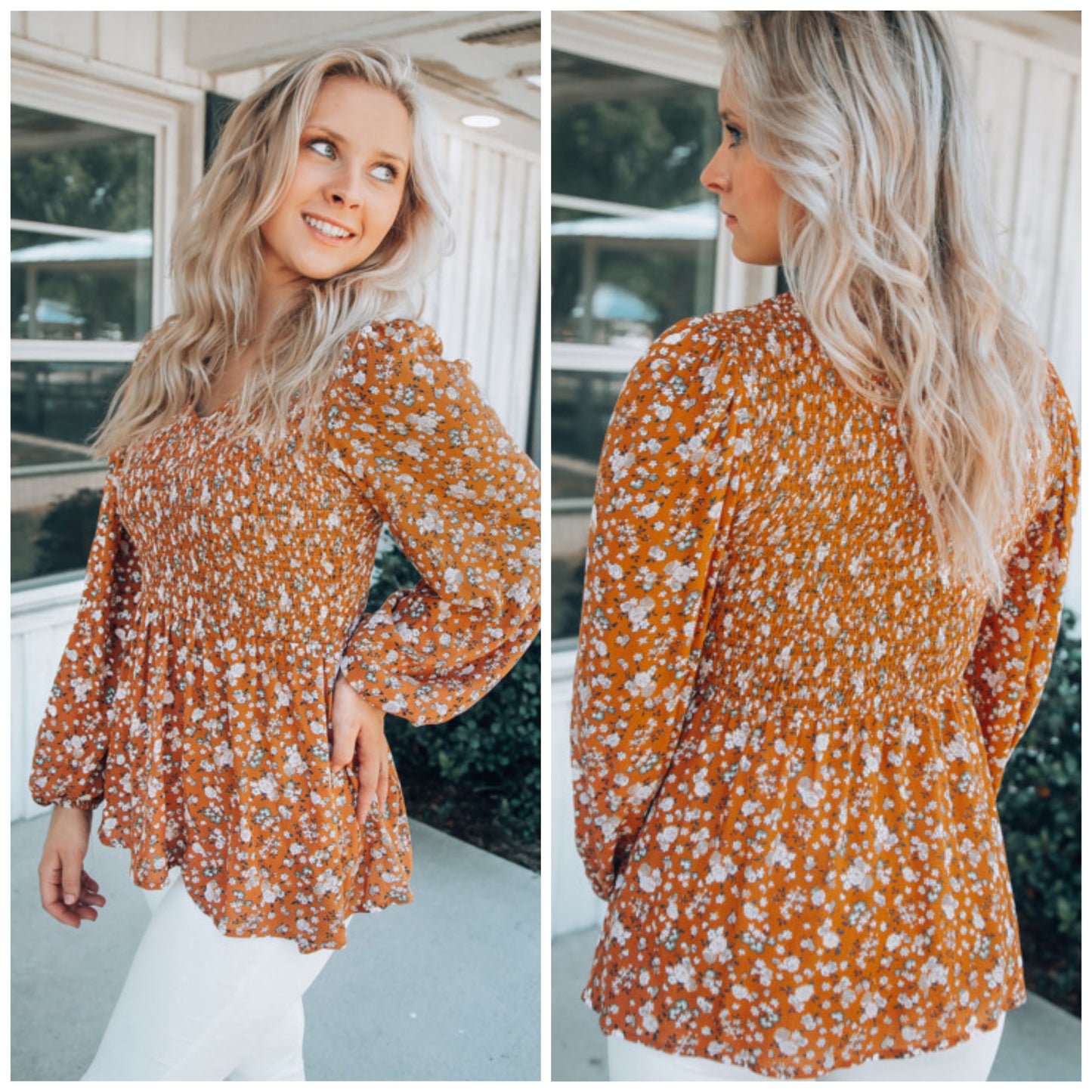 Lori Ann — Small, boho floral smocked babydoll top