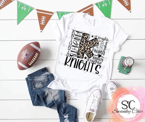 Brooke Brit — Knights leopard typography: Youth Small, forest or yellow gold, crewneck tee