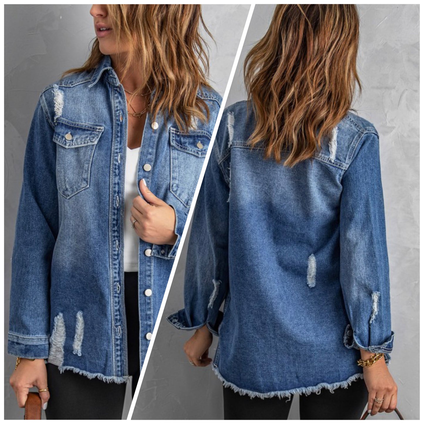 Diana Marshall — Large, distressed denim jacket