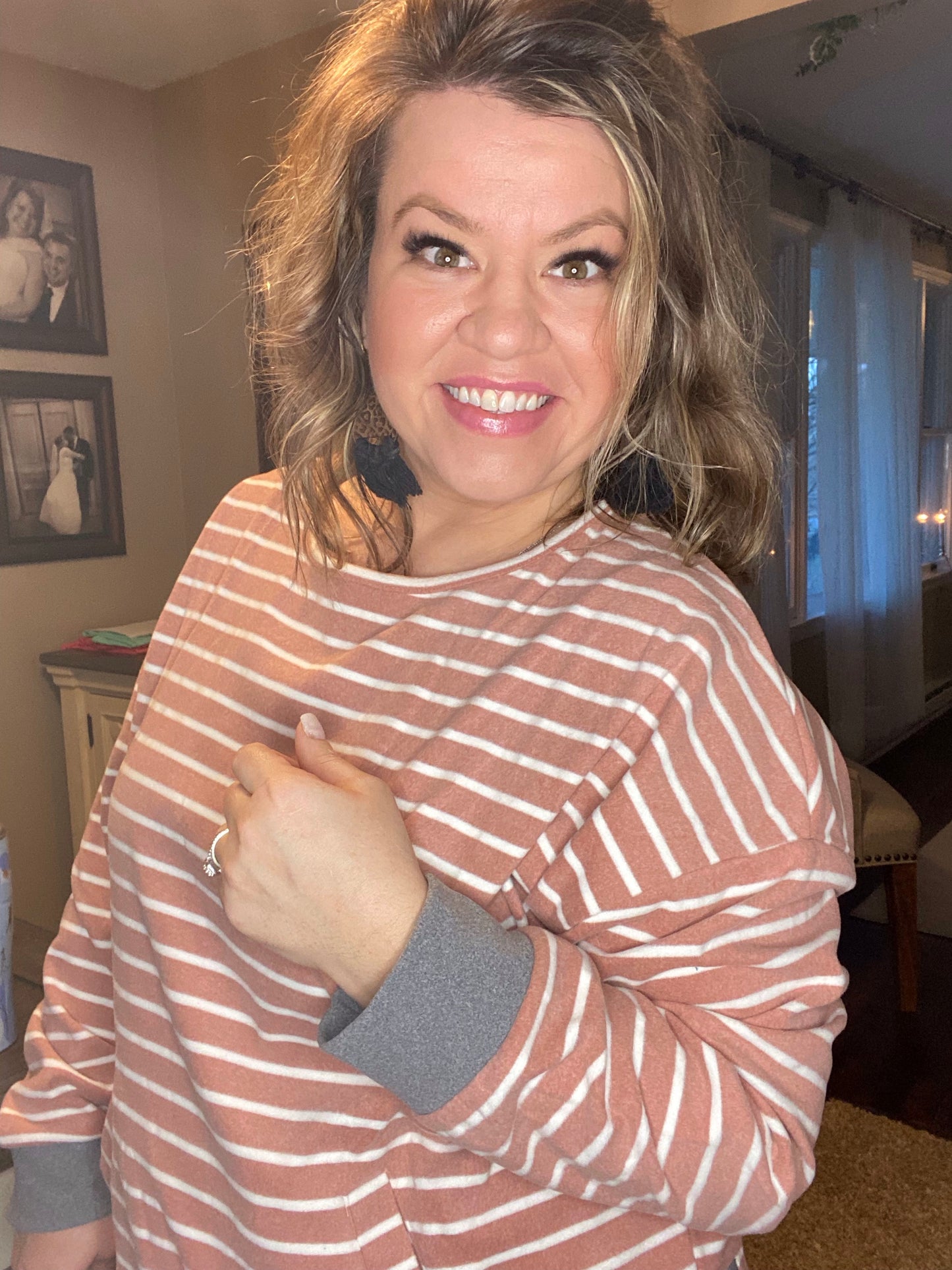 Samantha Taylor — Medium, rose/white stripes with grey hem, fleece pullover