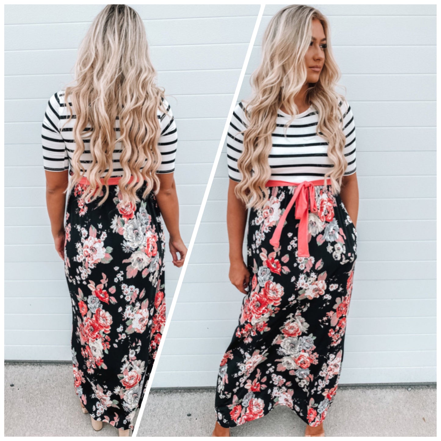 Marcie Jo Clark Houghton — XL, floral striped, high waisted maxi dress