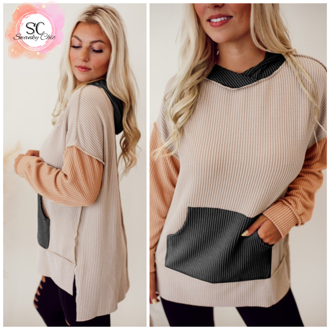 Debbie Warner — XL, ribbed colorblock hoodie with high/low hemline
