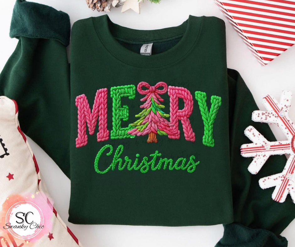 Kim Updegraff— Merry Christmas pink/green: Medium, forest, 18000 crewneck sweatshirt