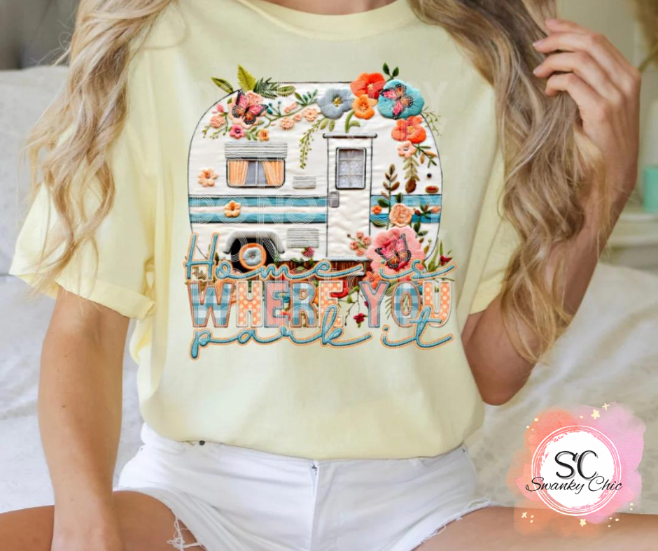 Ashlynn Melton Schneider — Home is where you park it: XL, soft yellow, crewneck tee