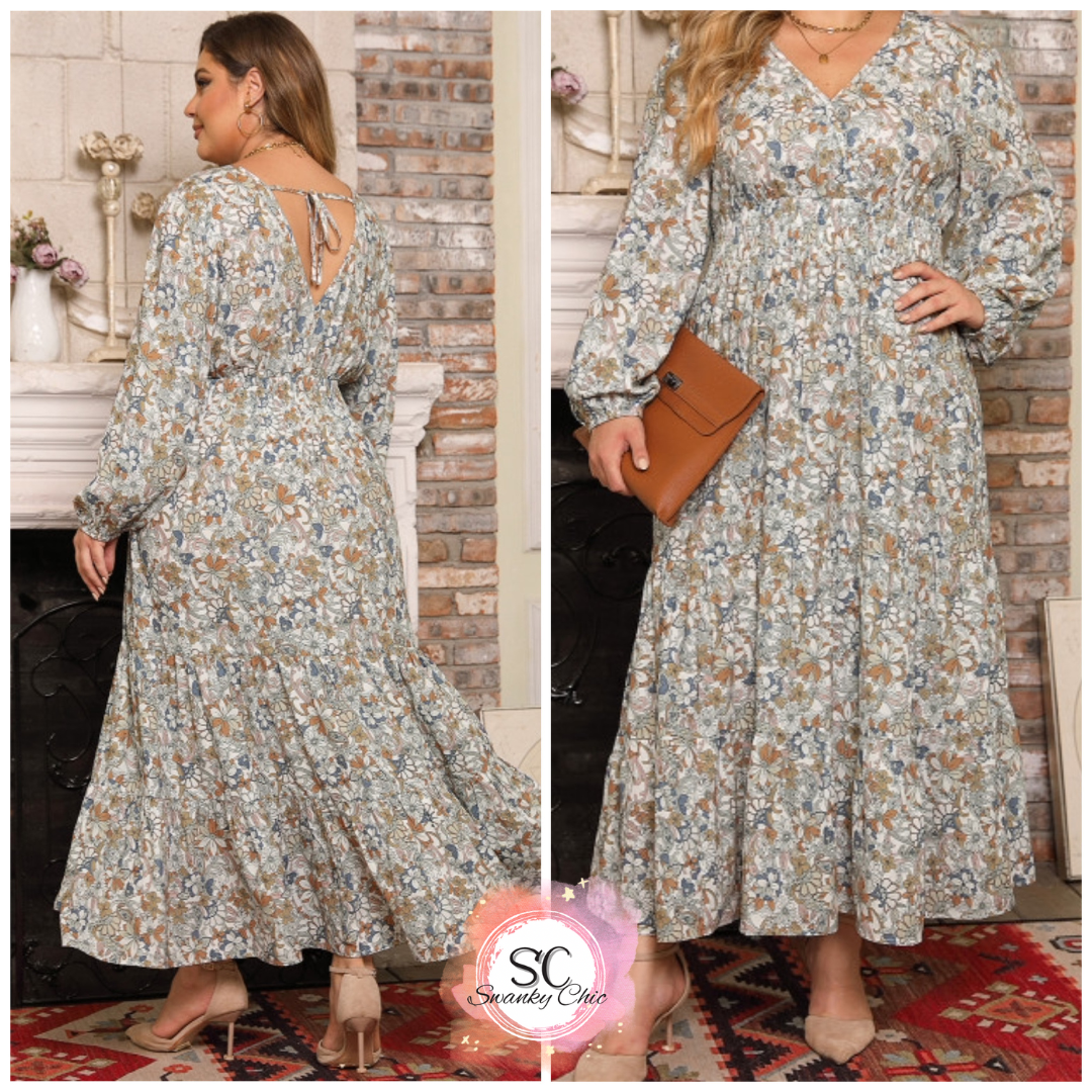 Meg Mayberry — 1X, floral long sleeve dress with smocked waistline
