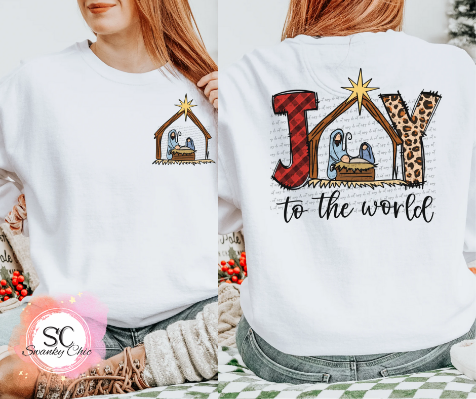 Michelle Spalding — (f+b) JOY to the world nativity: Large, (tan/ sand/ nude), crewneck sweatshirt