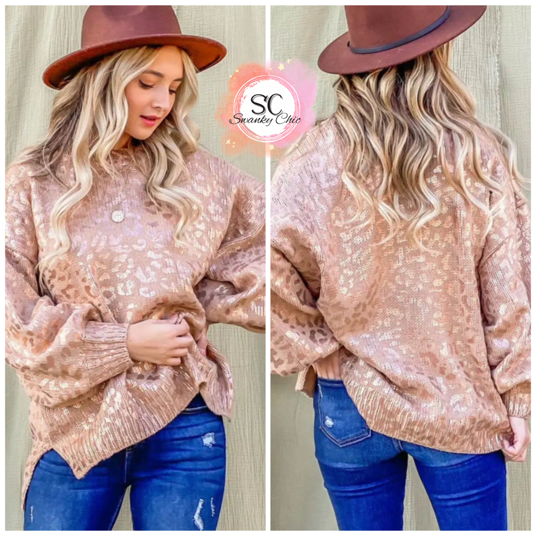 Kim Murray — Large, leopard print sweater with drop shoulders & side slits