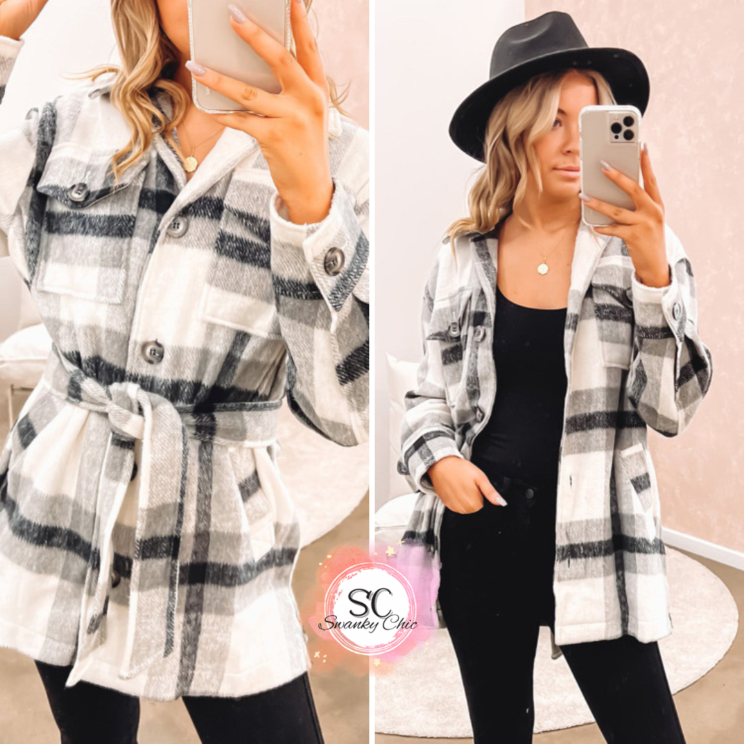 Casey Pitcher — Medium, black plaid button up jacket with belt and pockets