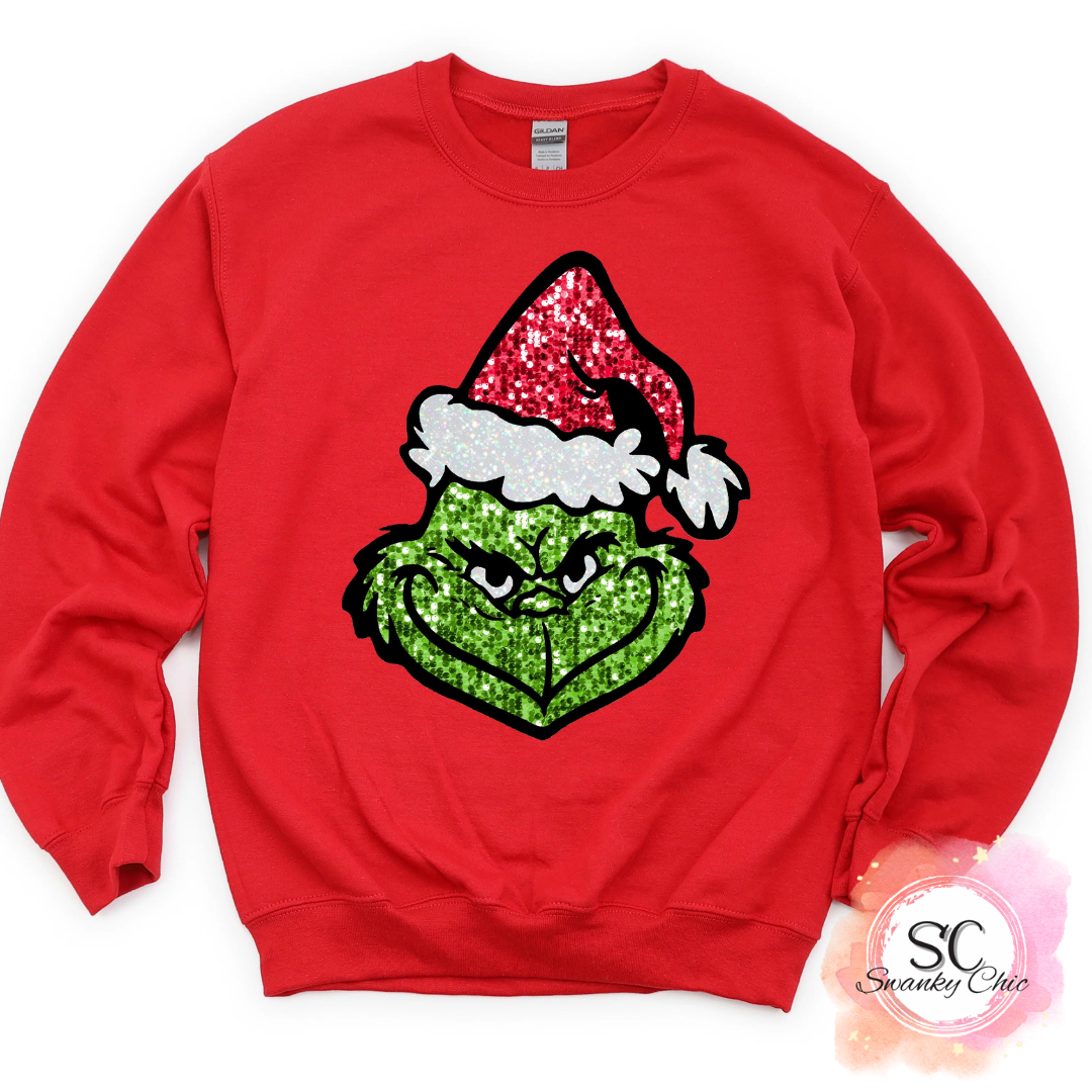 Amanda Jones Reuss — Grinch Santa: Large, red, crewneck sweatshirt