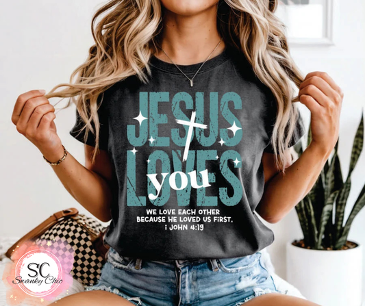 Amanda Thomas — Jesus loves you: small, dark grey heather, BC 3001 cvc crewneck tee