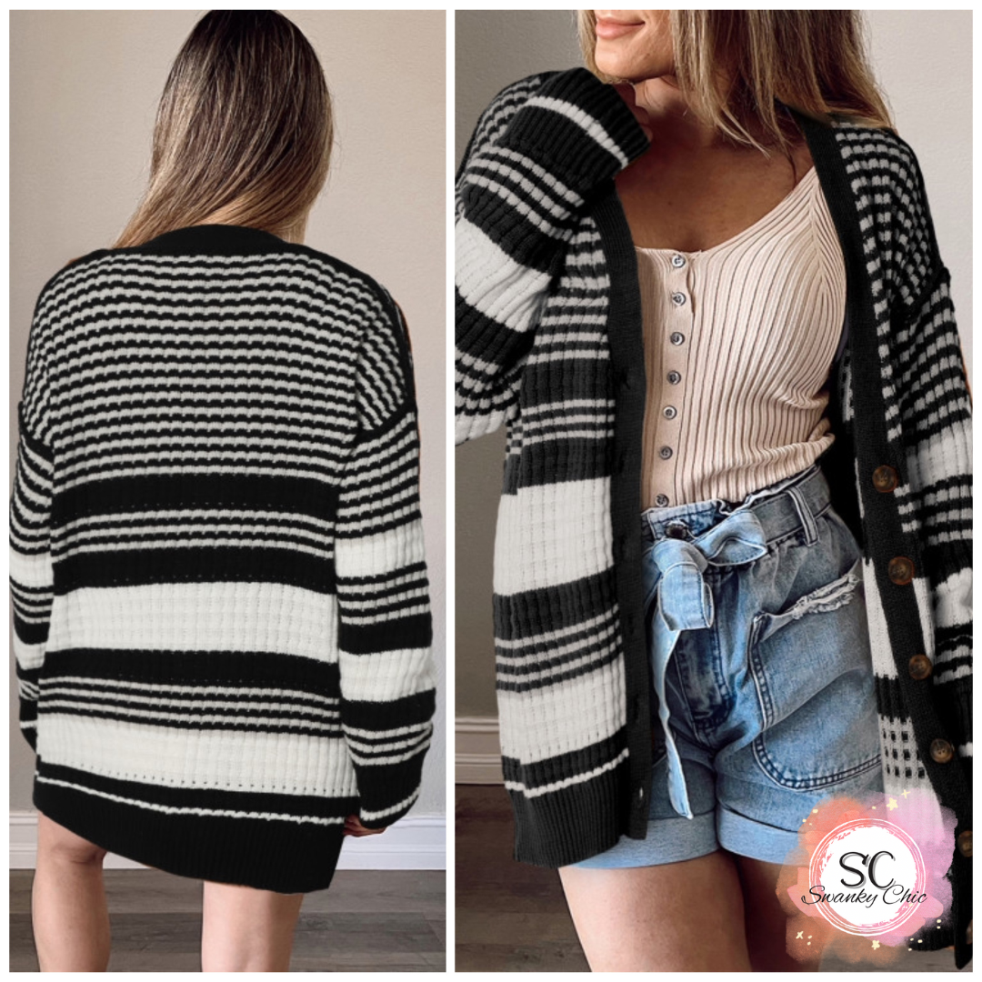 Theresa Cook Lindsey — Medium, black, grey and white button up cardigan