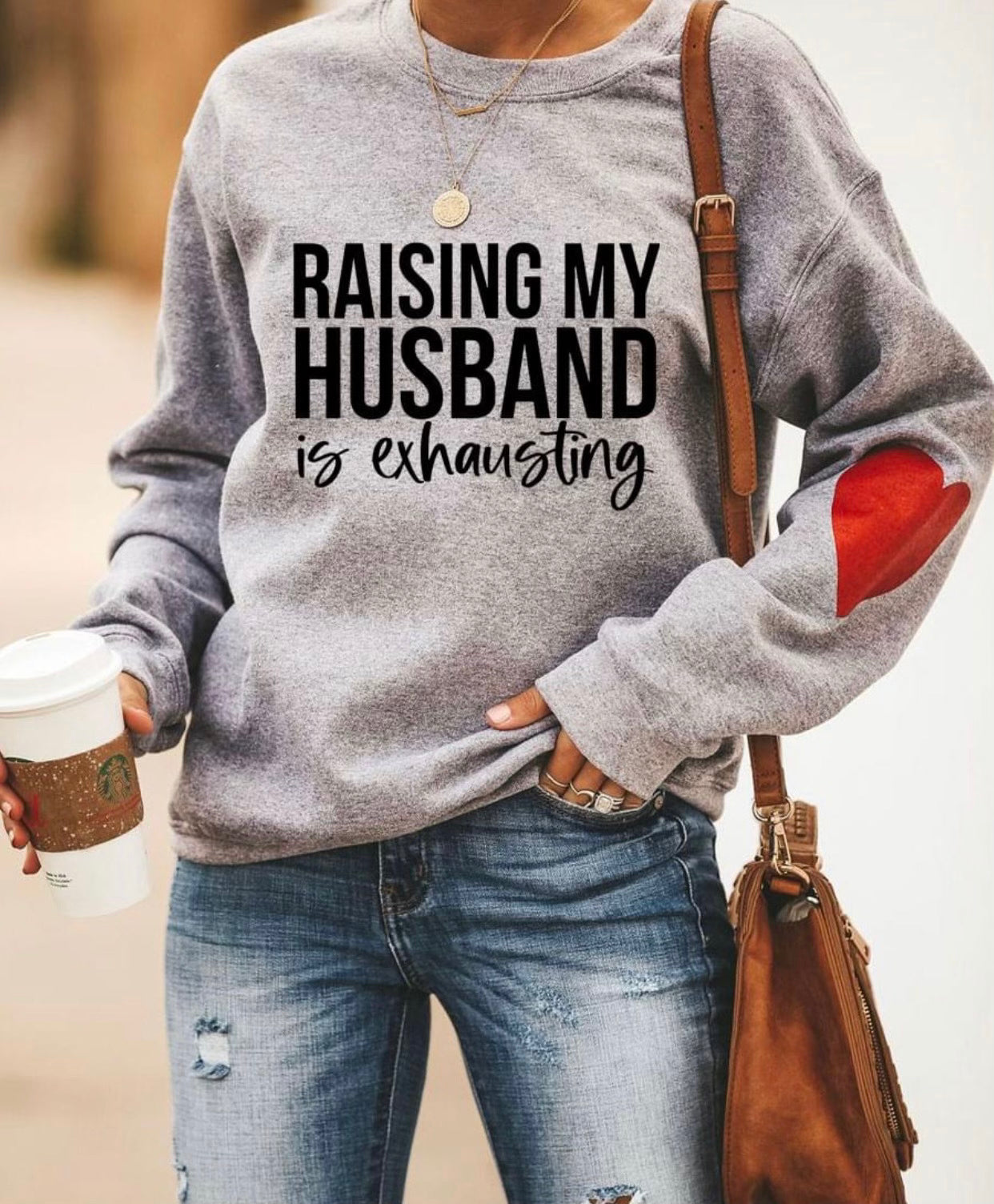 Alyssa Kettler — (front + ♥️sleeve) Raising my husband is exhausting: Medium, athletic Heather, crewneck sweatshirt