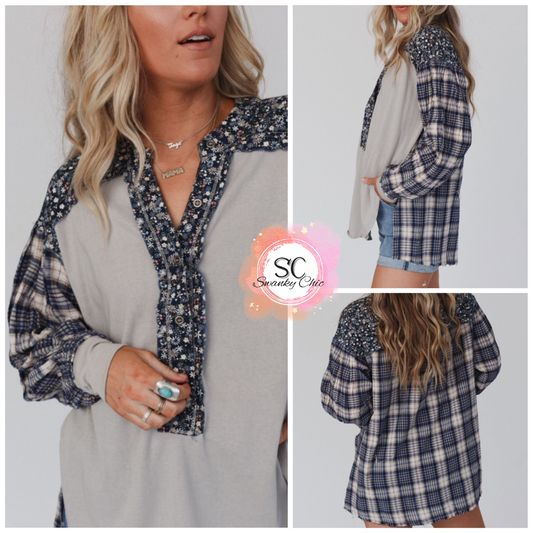 Sasha Conner — XL, blue floral/plaid patchwork pullover