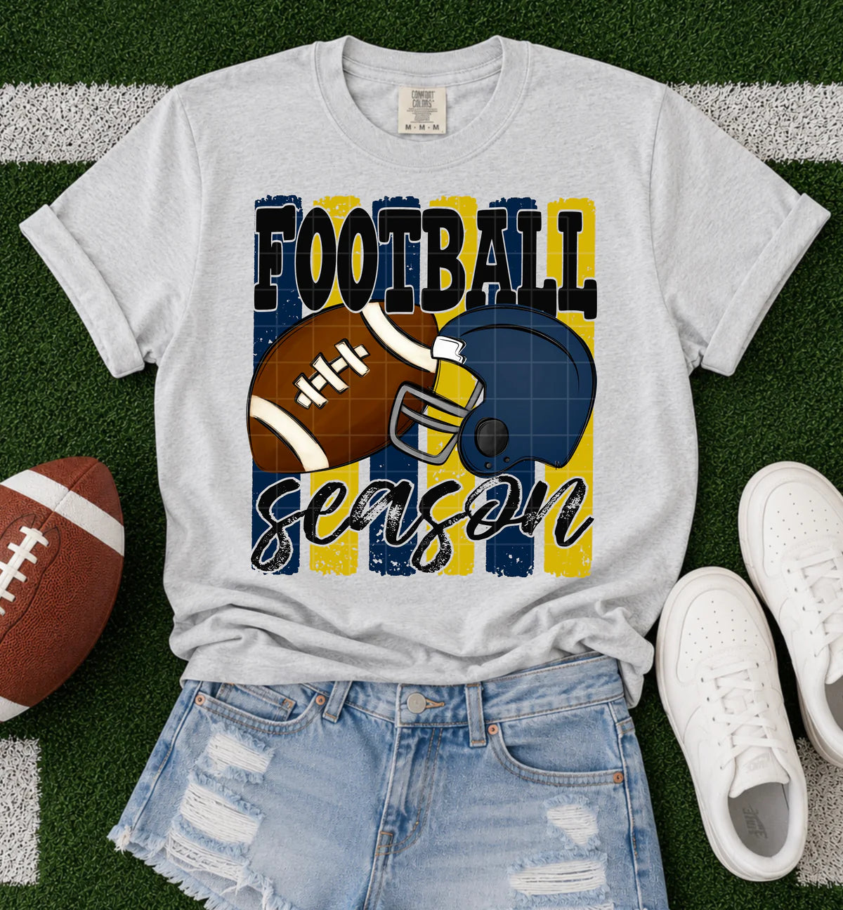 Courtney Byrd — Football season Navy/Gold: Large, white, crewneck tee