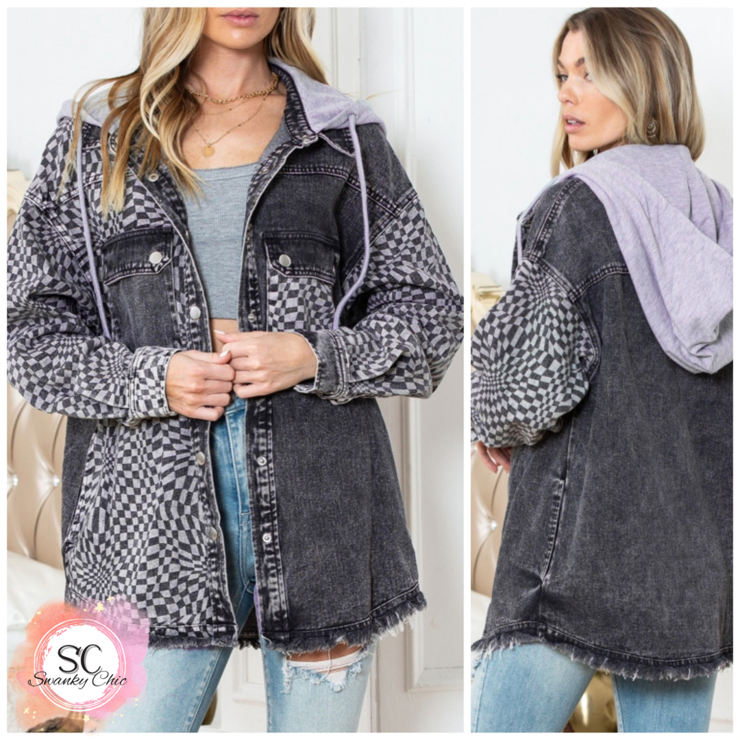 Hayley Jo Loos — Small, Grey checked patchwork denim hooded jacket